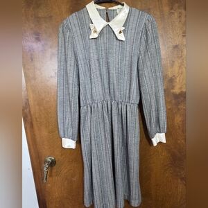 Vintage 80s IFI Long Sleeve Black and White Collared Herringbone Dress Women's M